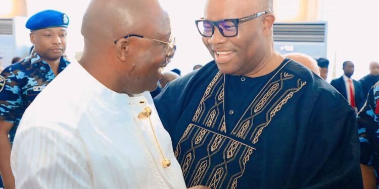 Akpabio Shades Fubara At Wigwe’s Funeral Service… Tells Him, “Don’t Struggle If There’s No Gain In Political Office”