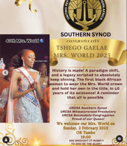 South Africa’s Tshego Gaelae Crowned 40th Mrs World, First Black Winner